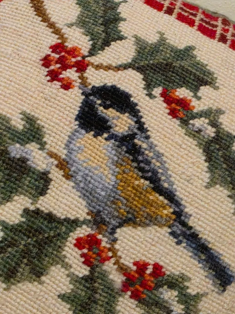 Chickadee Bird Needlepoint Throw Pillow Holly Berries Red Plaid Velvet Zipper